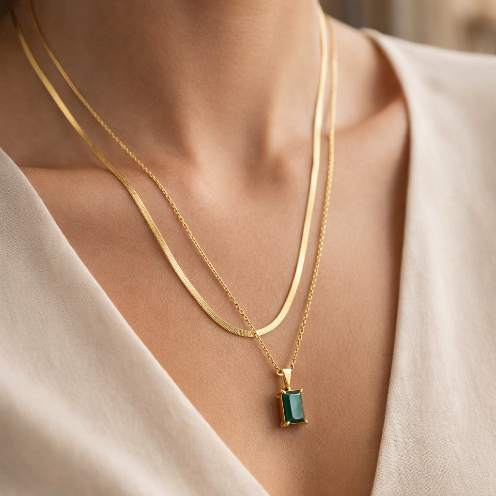 Emerald Drop Layered Necklace